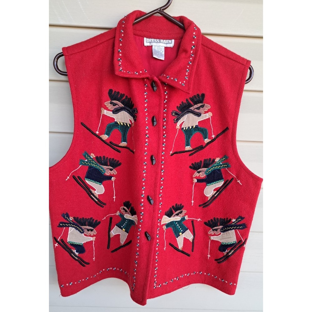 Dress Barn Women's VTG Red Wool Blend Holiday Vest L Embroidered Appliqued Lined
